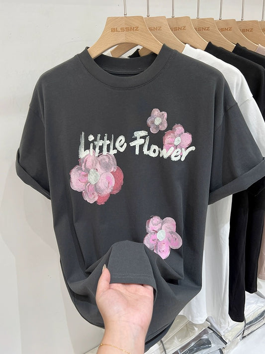 Pure cotton printed letter flowers right shoulder short-sleeved T-shirt for women 2024 new summer design loose top T-shirt