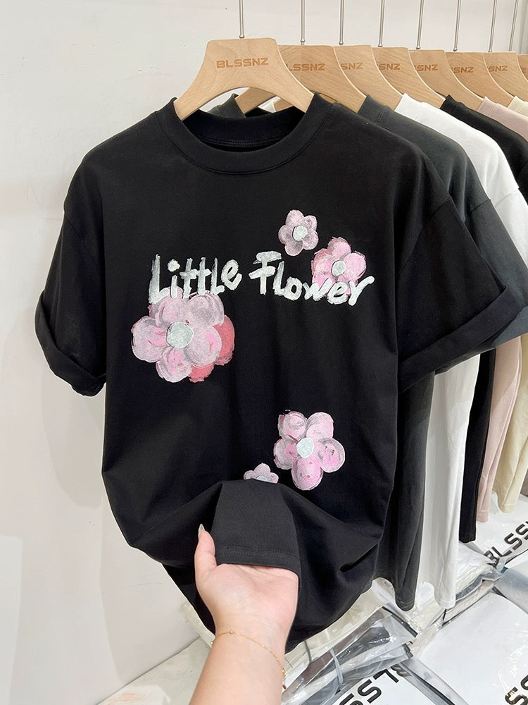 Pure cotton printed letter flowers right shoulder short-sleeved T-shirt for women 2024 new summer design loose top T-shirt