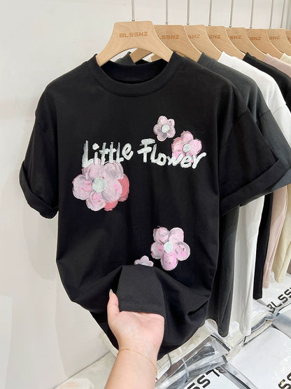 Pure cotton printed letter flowers right shoulder short-sleeved T-shirt for women 2024 new summer design loose top T-shirt