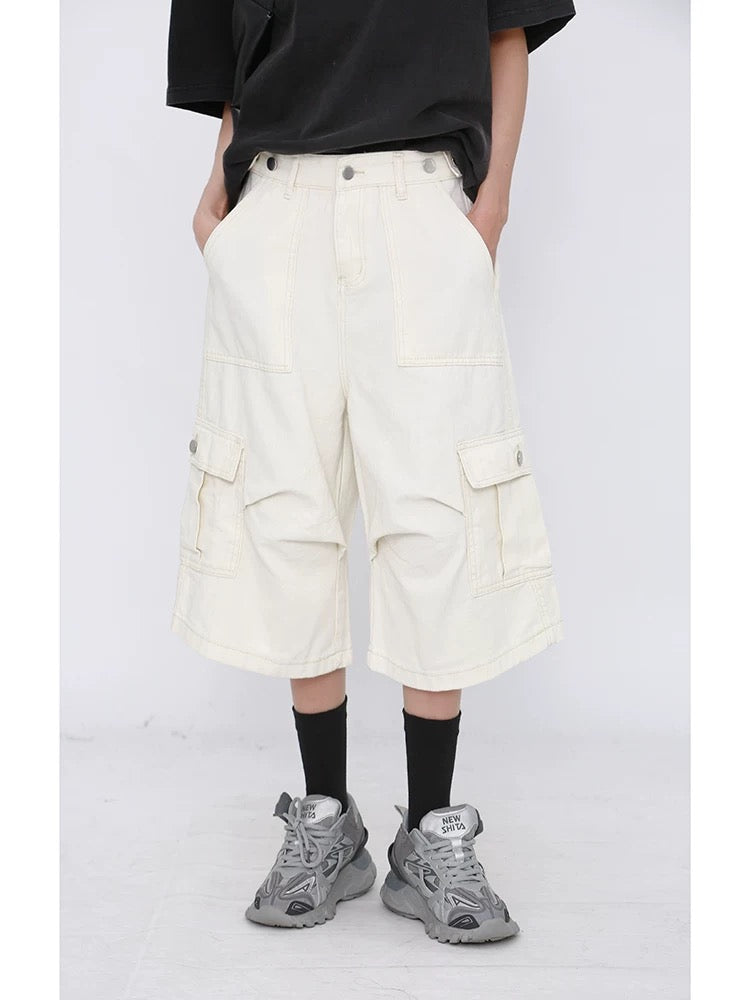 MZVZ American retro white workwear denim cropped pants women's summer pleated paratrooper wide-leg loose 7-point shorts