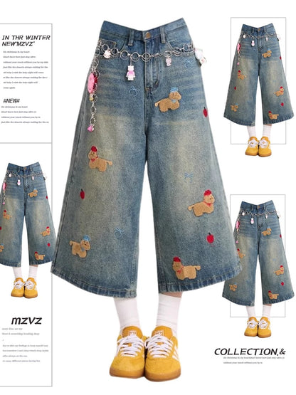 MZVZ cartoon puppy embroidered blue denim cropped pants women summer 2025 new high waist loose wide leg shorts