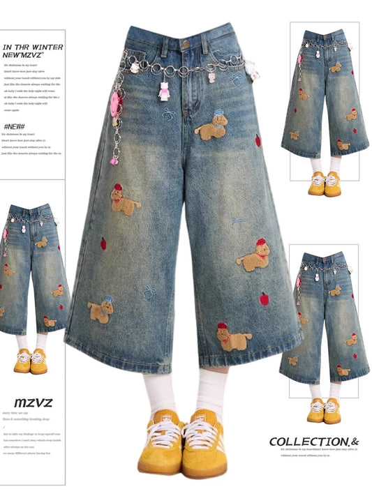 MZVZ cartoon puppy embroidered blue denim cropped pants women summer 2025 new high waist loose wide leg shorts