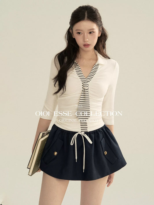 OIOI ESSE | "Cloudy Zebra" Retro Striped Tie Color-Blocked Knit Mid-Sleeve Slim Fit Top for Women, Autumn