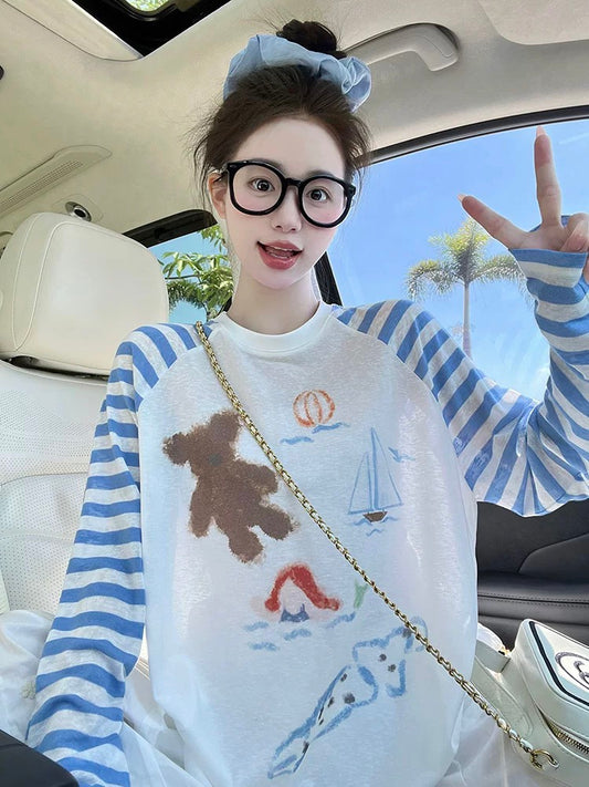 White and blue striped raglan long-sleeved T-shirt for women autumn Korean lazy style thin style super beautiful sun protection top