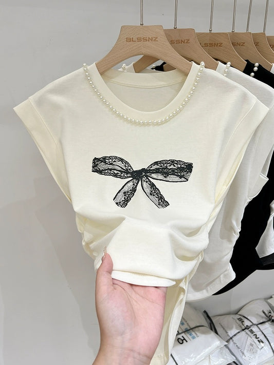 Pure cotton heavy industry beading apricot short-sleeved T-shirt for women 2024 new summer design French bow top trendy