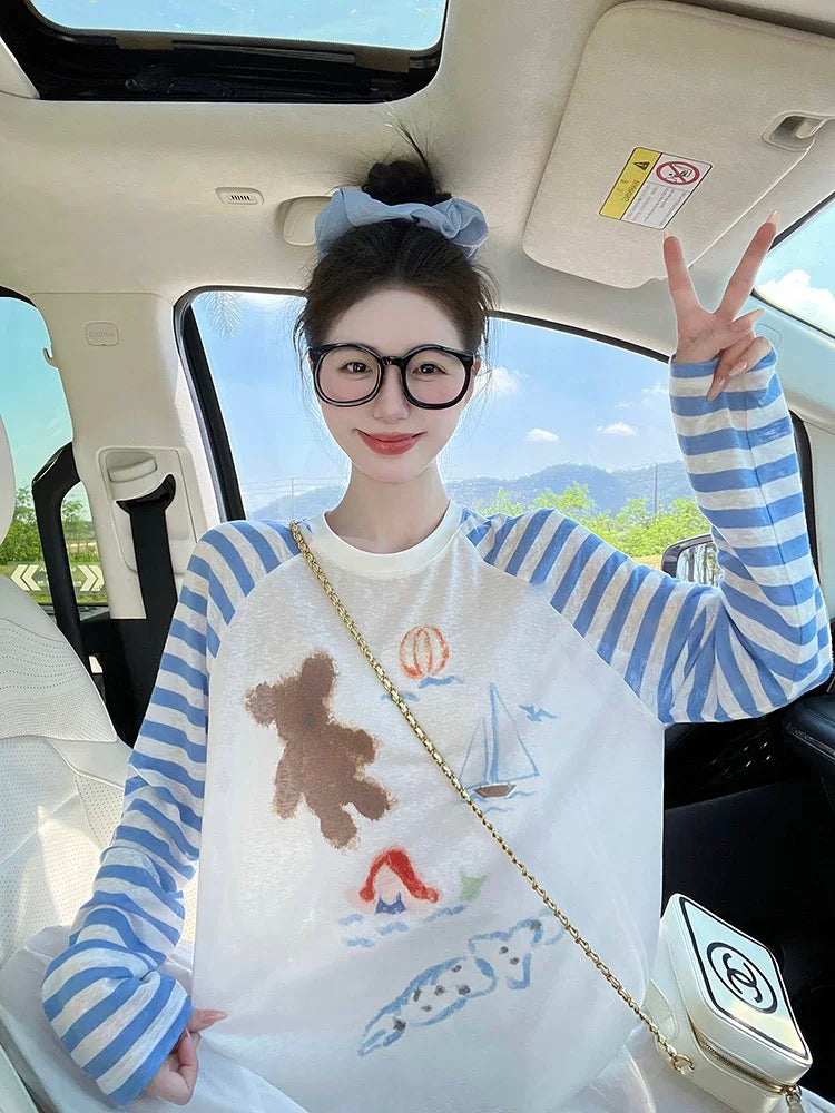 White and blue striped raglan long-sleeved T-shirt for women autumn Korean lazy style thin style super beautiful sun protection top