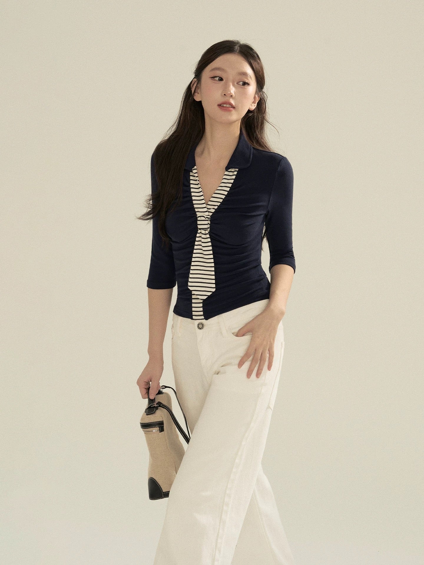 OIOI ESSE | "Cloudy Zebra" Retro Striped Tie Color-Blocked Knit Mid-Sleeve Slim Fit Top for Women, Autumn