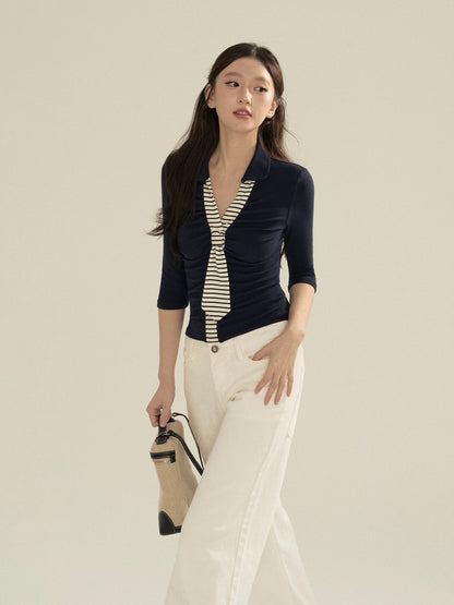 OIOI ESSE | "Cloudy Zebra" Retro Striped Tie Color-Blocked Knit Mid-Sleeve Slim Fit Top for Women, Autumn