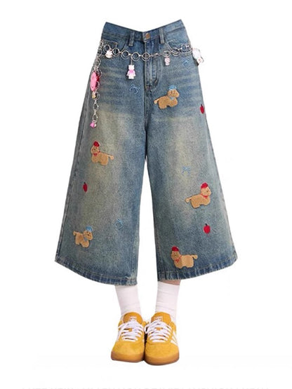 MZVZ cartoon puppy embroidered blue denim cropped pants women summer 2025 new high waist loose wide leg shorts