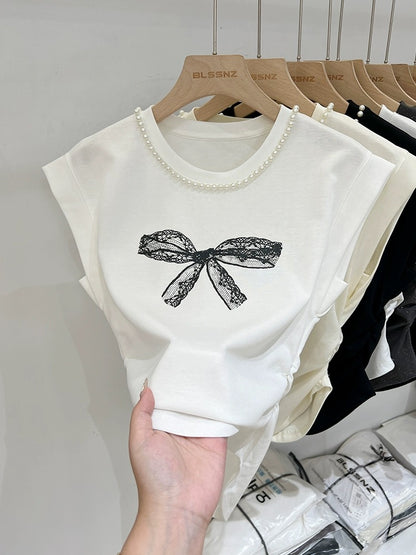 Pure cotton heavy industry beading apricot short-sleeved T-shirt for women 2024 new summer design French bow top trendy