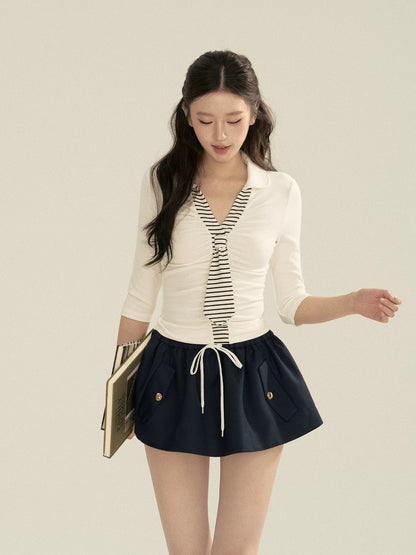OIOI ESSE | "Cloudy Zebra" Retro Striped Tie Color-Blocked Knit Mid-Sleeve Slim Fit Top for Women, Autumn