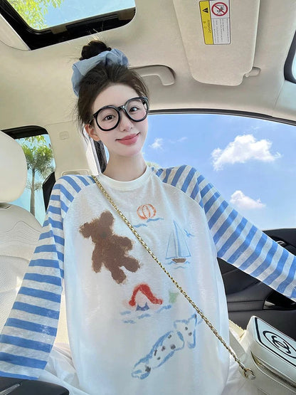 White and blue striped raglan long-sleeved T-shirt for women autumn Korean lazy style thin style super beautiful sun protection top