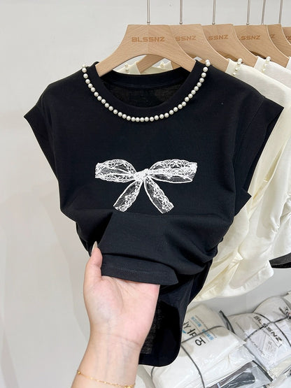 Pure cotton heavy industry beading apricot short-sleeved T-shirt for women 2024 new summer design French bow top trendy