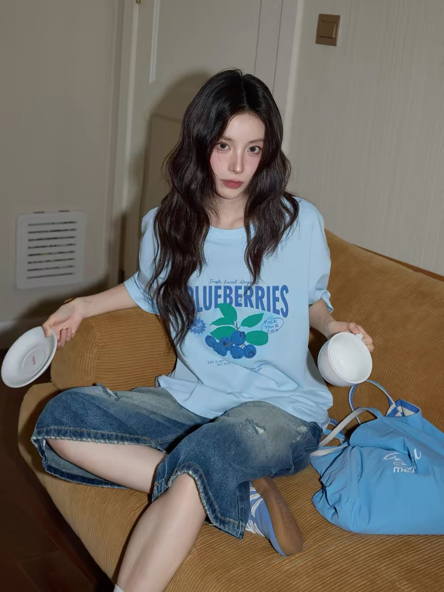 Chaochao's Korean Style Blue Distressed Ripped Cropped Jeans for Women, 2026 Summer, Loose Fit, Wide Leg, Straight Leg.