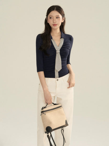 OIOI ESSE | "Cloudy Zebra" Retro Striped Tie Color-Blocked Knit Mid-Sleeve Slim Fit Top for Women, Autumn