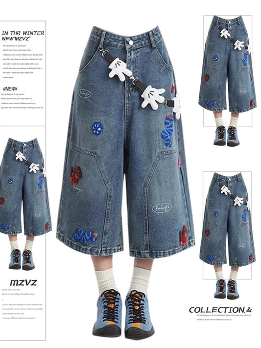 MZVZ American retro fun embroidered denim cropped pants women's summer new high waist loose wide leg 7 point shorts.