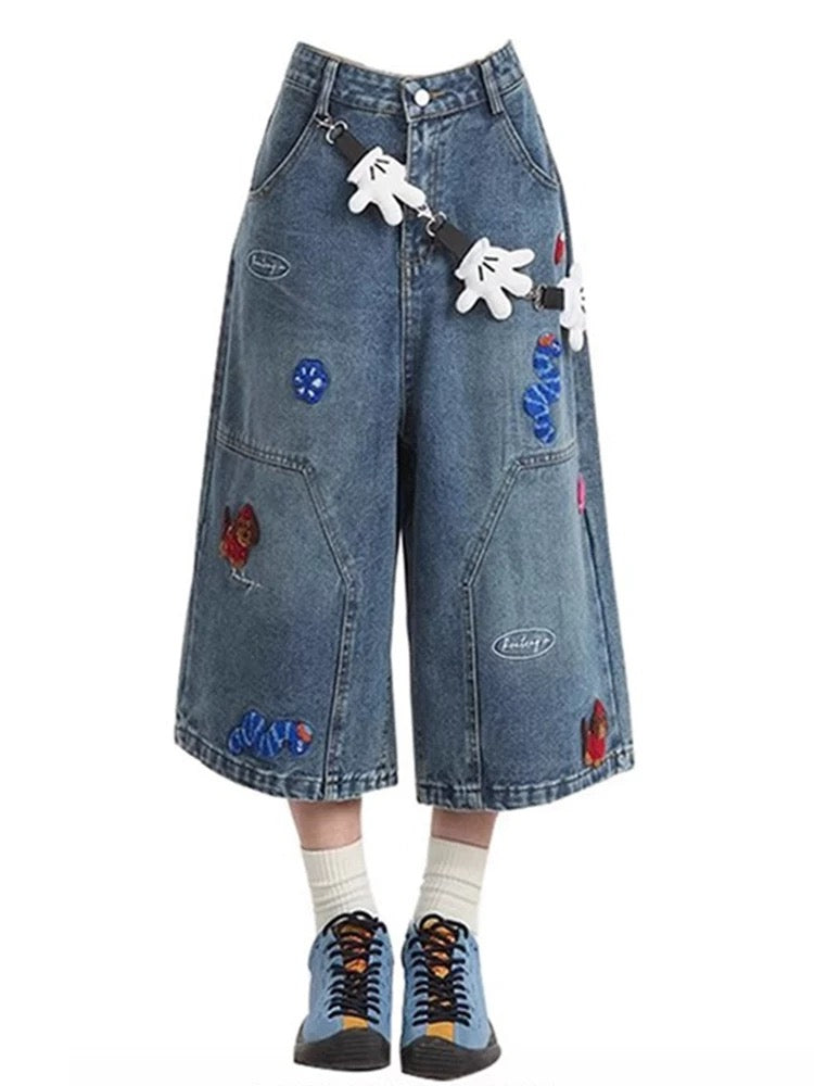 MZVZ American retro fun embroidered denim cropped pants women's summer new high waist loose wide leg 7 point shorts.
