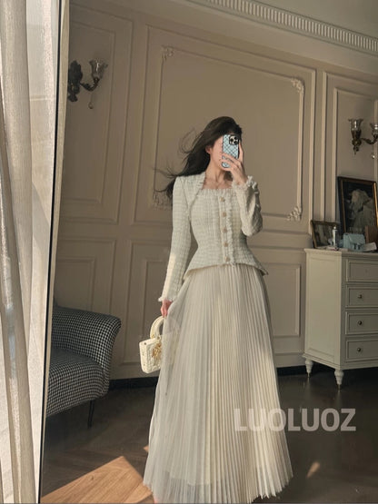 LUOLUOZ【Autumn Twilight】Elegant Faux Two-Piece Fashionable Tassel Waist-Slimming Long Dress JF1050