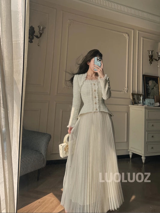 LUOLUOZ【Autumn Twilight】Elegant Faux Two-Piece Fashionable Tassel Waist-Slimming Long Dress JF1050