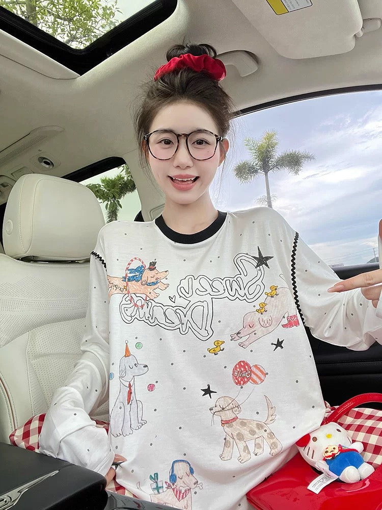 SUMENGQING Acrobatic Troupe Puppy Print Polka Dot T-shirt Women's New Loose Thin Style All-match Temperament Top Trend