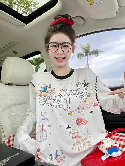 SUMENGQING Acrobatic Troupe Puppy Print Polka Dot T-shirt Women's New Loose Thin Style All-match Temperament Top Trend