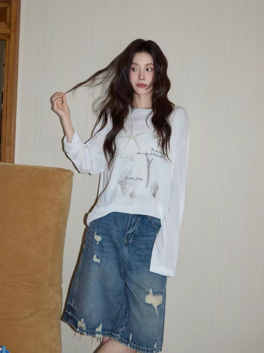 Chaochao's American-style blue washed distressed cropped jeans for women, 2026 summer, loose fit, wide leg, straight leg, mid-length.