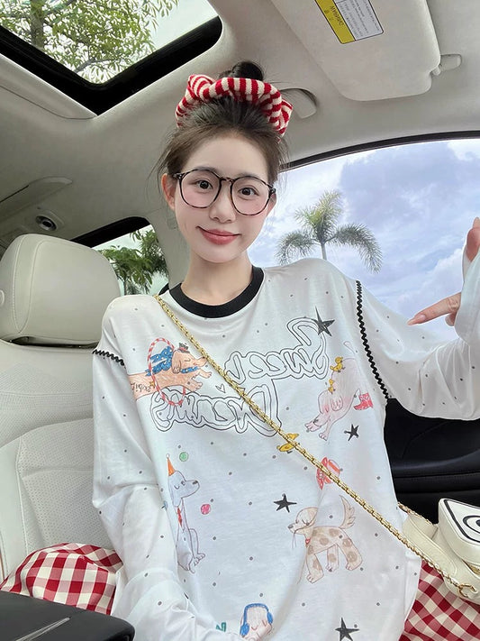 SUMENGQING Acrobatic Troupe Puppy Print Polka Dot T-shirt Women's New Loose Thin Style All-match Temperament Top Trend