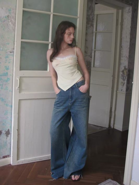 CARIEDO "Vintage Blue" Mid-Rise Distressed Wide-Leg Jeans – Soft, Skin-Friendly Denim with a Vintage Wash and Raw Hem