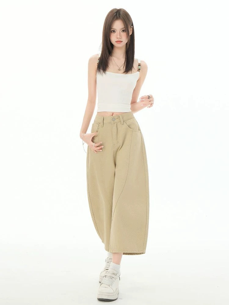 MZVZ khaki wide-leg scimitar cropped jeans women's summer design loose straight three-point sickle shorts