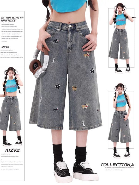 MZVZ nostalgic blue puppy embroidered denim cropped pants women's summer 2025 new high waist slim straight shorts