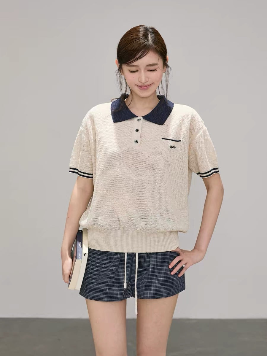 OIOI ESSE｜Preppy Style Polo Collar Color-Blocked Knit Sweater for Summer