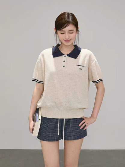 OIOI ESSE｜Preppy Style Polo Collar Color-Blocked Knit Sweater for Summer