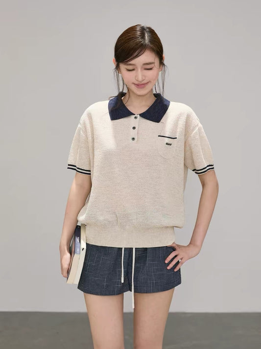 OIOI ESSE｜Preppy Style Polo Collar Color-Blocked Knit Sweater for Summer