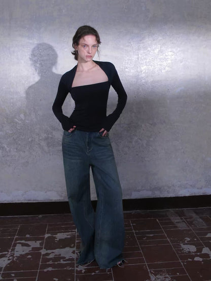 CARIEDO "Vintage Blue" Mid-Rise Distressed Wide-Leg Jeans – Soft, Skin-Friendly Denim with a Vintage Wash and Raw Hem