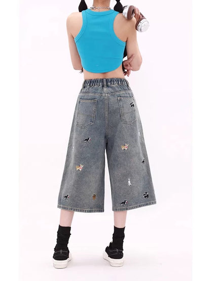 MZVZ nostalgic blue puppy embroidered denim cropped pants women's summer 2025 new high waist slim straight shorts