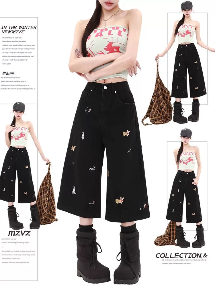 MZVZ nostalgic blue puppy embroidered denim cropped pants women's summer 2025 new high waist slim straight shorts