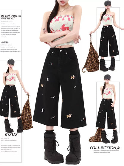 MZVZ nostalgic blue puppy embroidered denim cropped pants women's summer 2025 new high waist slim straight shorts
