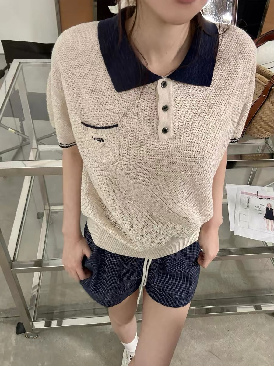 OIOI ESSE｜Preppy Style Polo Collar Color-Blocked Knit Sweater for Summer