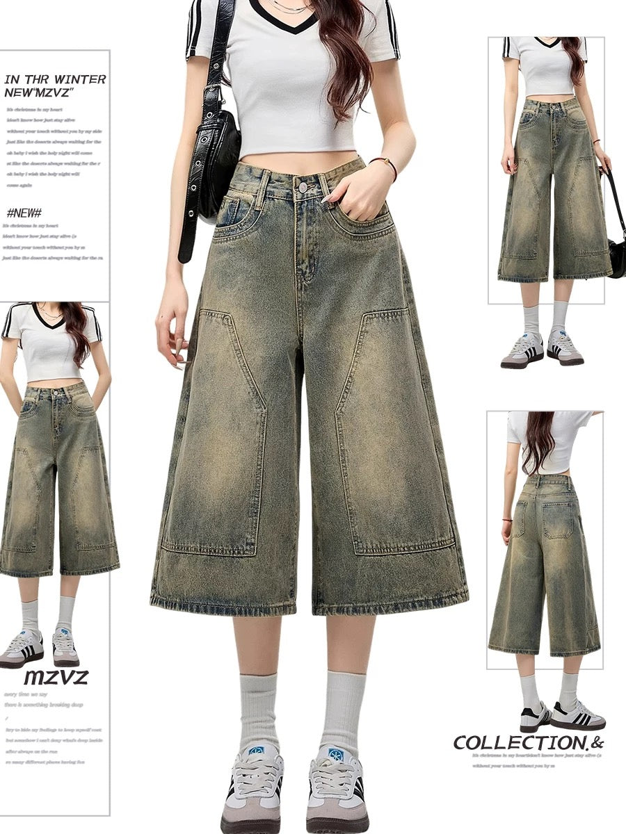 MZVZ American retro wide-leg denim cropped pants women's summer old loose straight pants high waist 7-point shorts