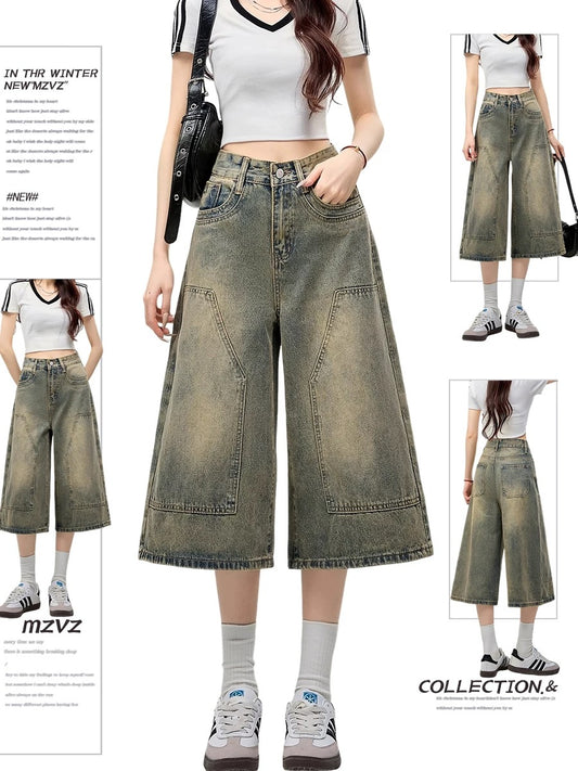 MZVZ American retro wide-leg denim cropped pants women's summer old loose straight pants high waist 7-point shorts