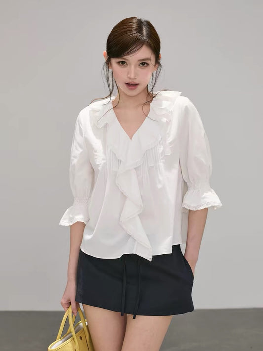 OIOI ESSE｜100% Cotton Ruffled Chiffon Short-Sleeve Blouse for Women, Summer Design, Flared Long-Sleeve Top