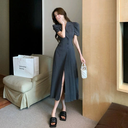 Irregular suit skirt, small fragrant style French dress, women's summer high-end, light and mature style, elegant pleated long skirt