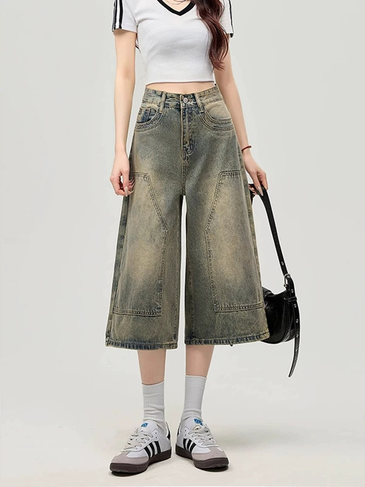 MZVZ American retro wide-leg denim cropped pants women's summer old loose straight pants high waist 7-point shorts