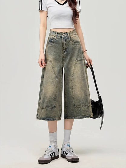 MZVZ American retro wide-leg denim cropped pants women's summer old loose straight pants high waist 7-point shorts