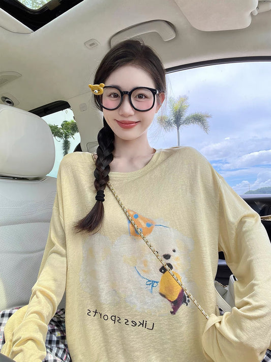 SUMENGQING Korean lazy style relaxed cartoon print long-sleeved T-shirt women's autumn new casual tops