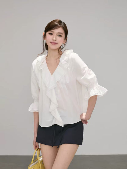 OIOI ESSE｜100% Cotton Ruffled Chiffon Short-Sleeve Blouse for Women, Summer Design, Flared Long-Sleeve Top