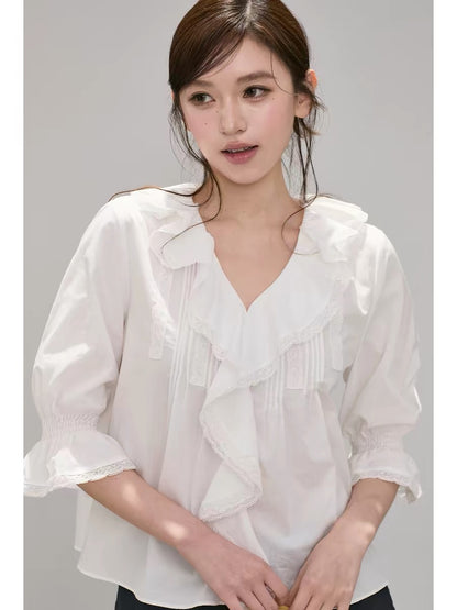 OIOI ESSE｜100% Cotton Ruffled Chiffon Short-Sleeve Blouse for Women, Summer Design, Flared Long-Sleeve Top