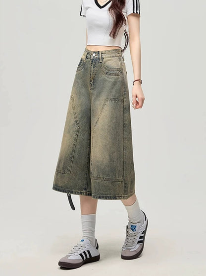 MZVZ American retro wide-leg denim cropped pants women's summer old loose straight pants high waist 7-point shorts
