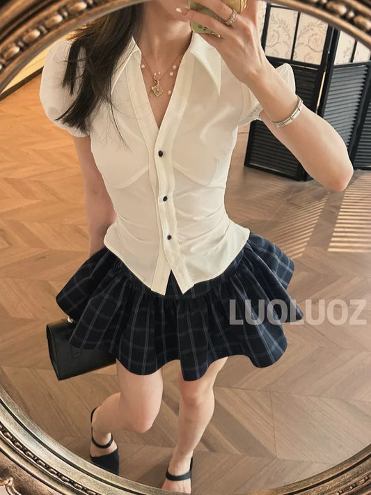 LUOLUOZ【Qingchuan Huaying】Elegant Two-Piece Set: Shirt Top + Mini Skirt Pants JF821