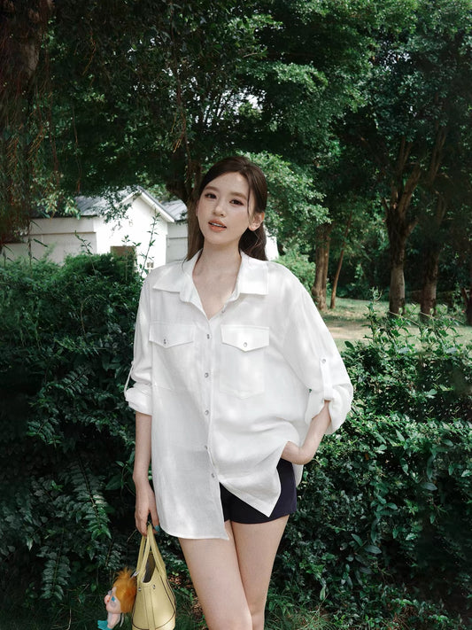OIOI ESSE｜Tencel Linen Relaxed Long-Sleeve White Shirt for Women, Summer Clean Fit Breathable Sun Protection Top